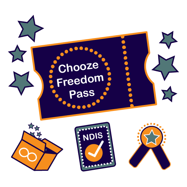 An illustrated image featuring a central ticket-like graphic labeled 'Chooze Freedom Pass', surrounded by festive elements such as stars, a ticket stub, a check-marked badge with 'NDIS', and a medal with a star. The background is a dark green with lighter green accents, and the elements have a playful, celebratory design indicative of access or membership perks.